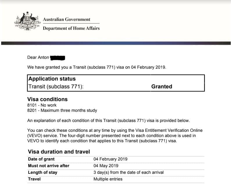 Транзитная виза Австралии: notification grant