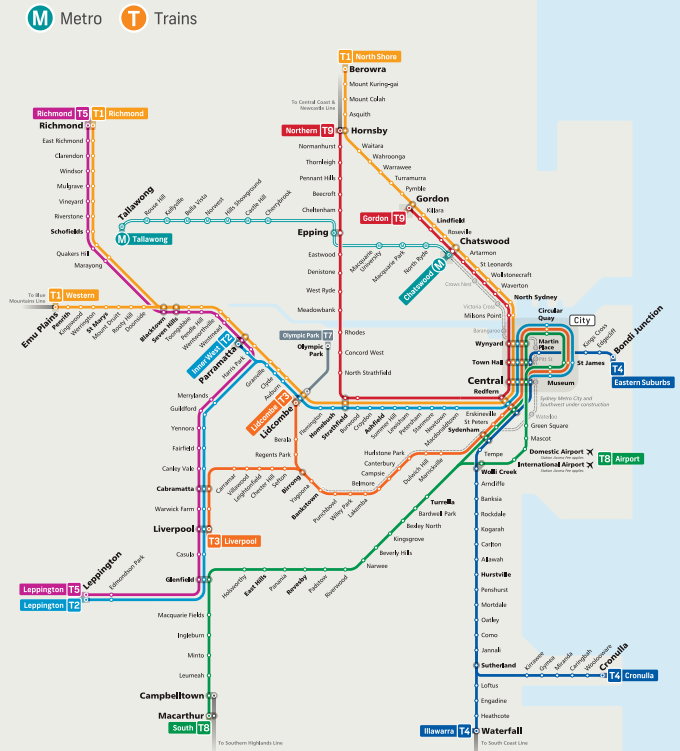 В транспорт Сиднея входят метро и поезда, вот их схема